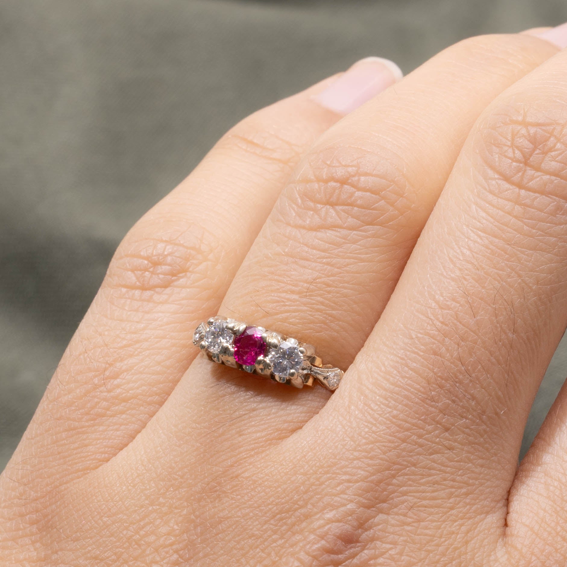 ‘Birks’ Art Deco Three Stone Ruby & Diamond Ring | 0.25ct, 0.30ctw | SZ 6