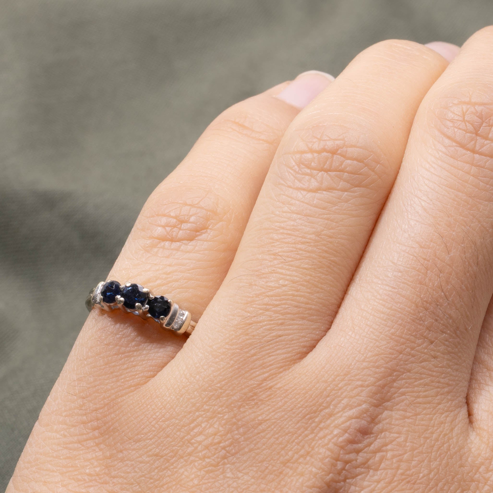 10k Three Stone Sapphire & Diamond Accented Ring | 0.50ctw, 0.04ctw | SZ 3.25