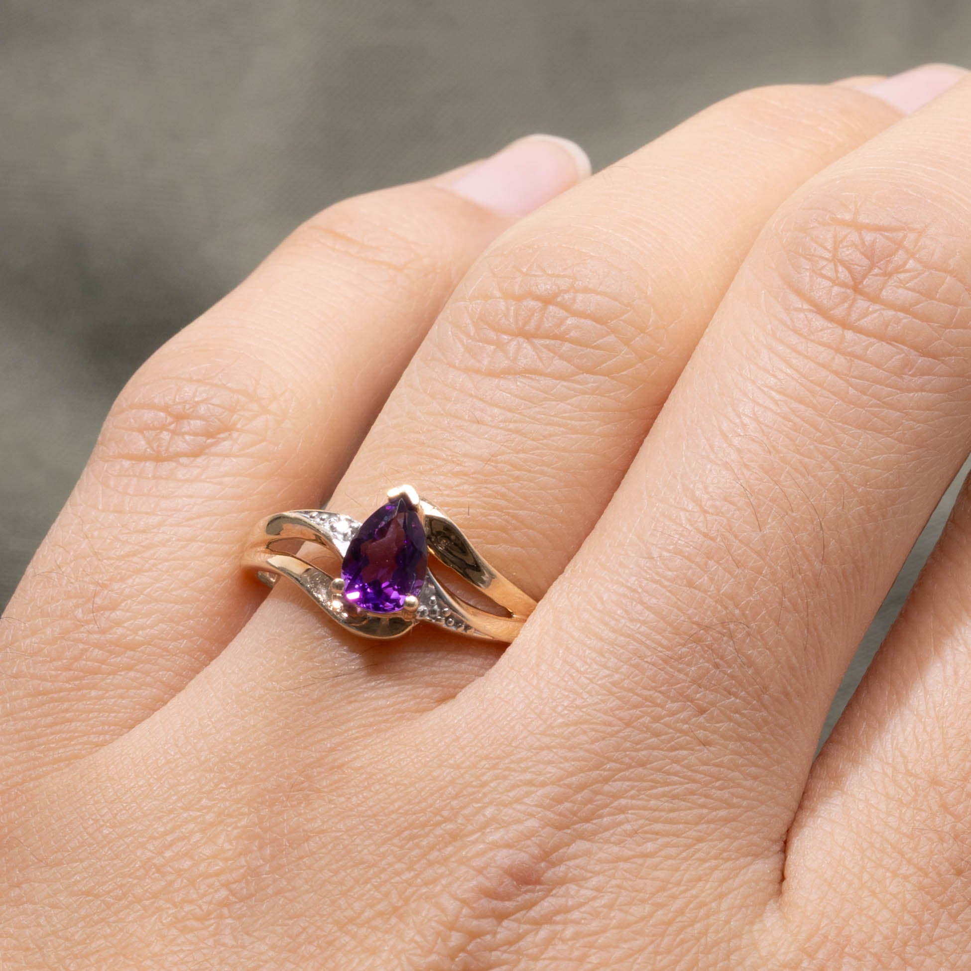10k Pear Cut Amethyst & Diamond Accented Bypass Ring | 0.50ct, 0.01ctw | SZ 8.5