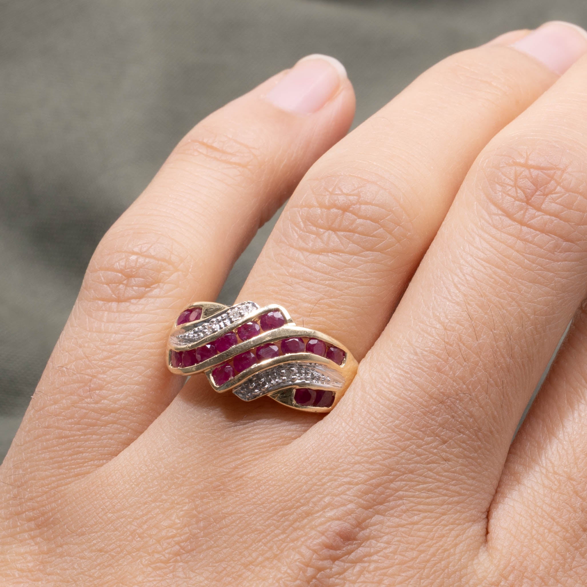 14k Channel Set Multi Row Ruby & Diamond Wave Ring | 1.00ctw, 0.02ctw | SZ 9