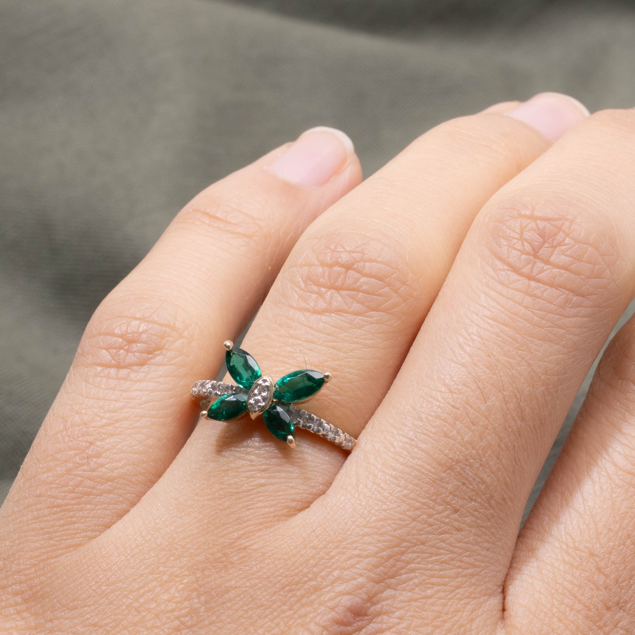 10k Synthetic Emerald & Diamond Butterfly Ring | 0.50ctw, 0.02ctw | SZ 7.25