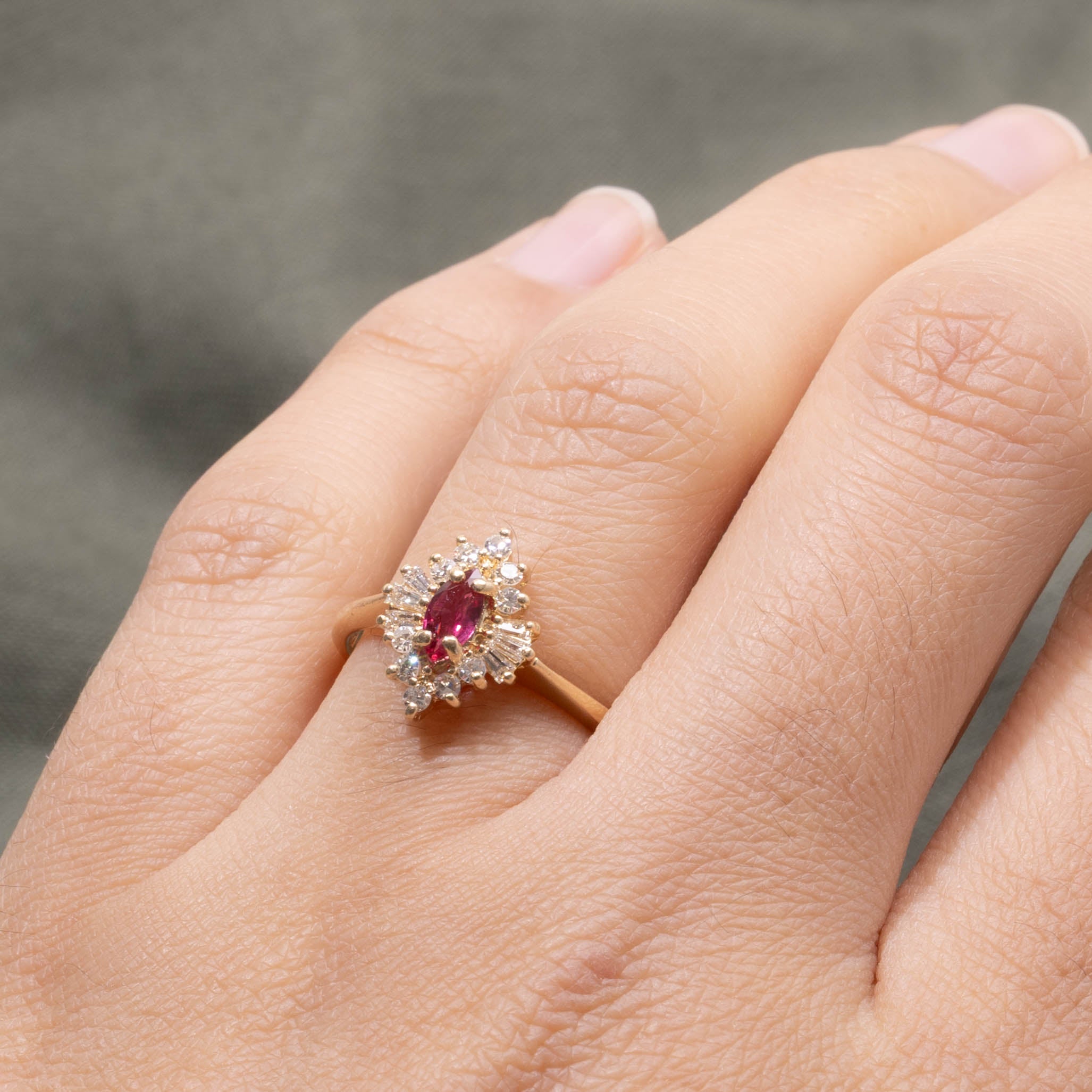 14k Marquise Cut Ruby & Diamond Halo Ring | 0.20ct, 0.25ctw | SZ 6.75