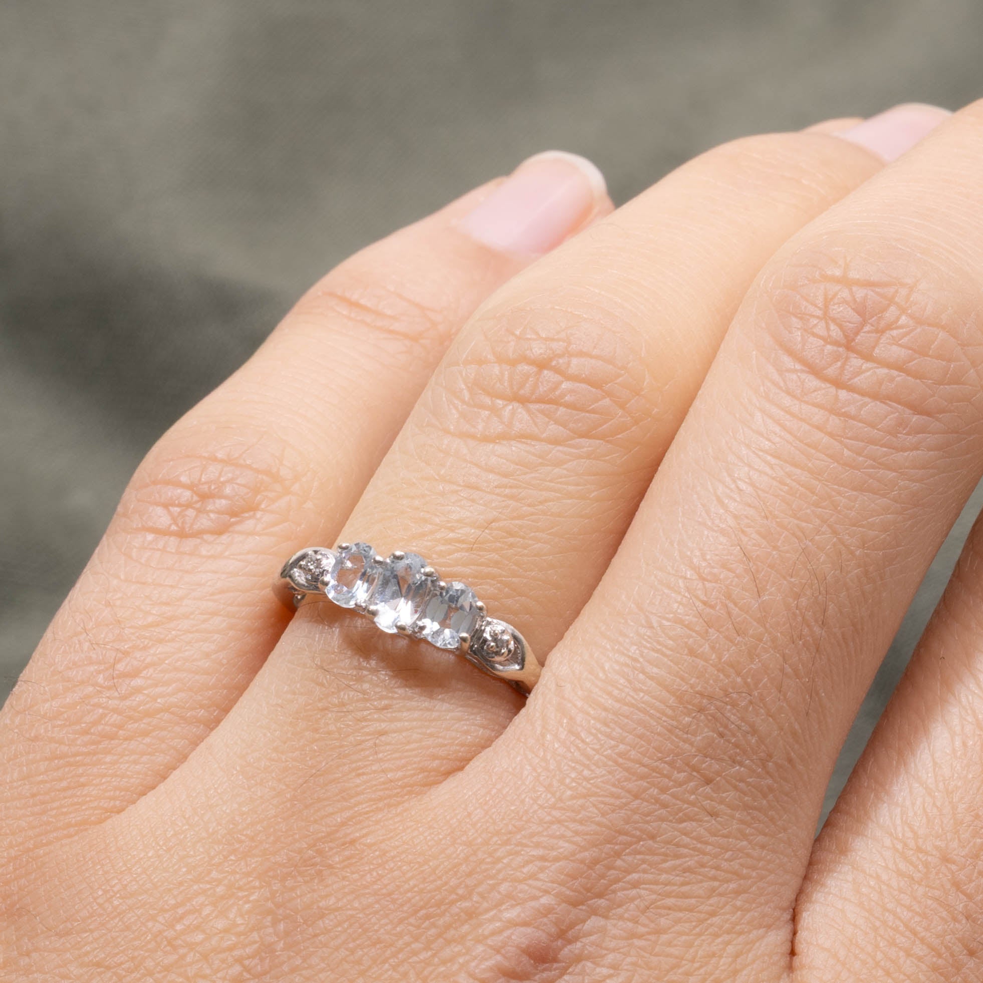 10k Three Stone Aquamarine & Diamond Accented Ring | 0.50ctw, 0.01ctw | SZ 6