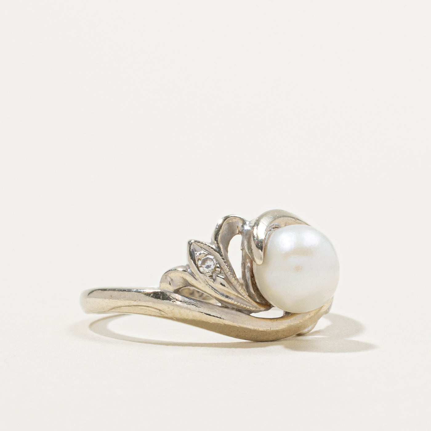 'Birks' Diamond & Pearl Grooved Bypass Ring | 0.02ctw | SZ 5.25