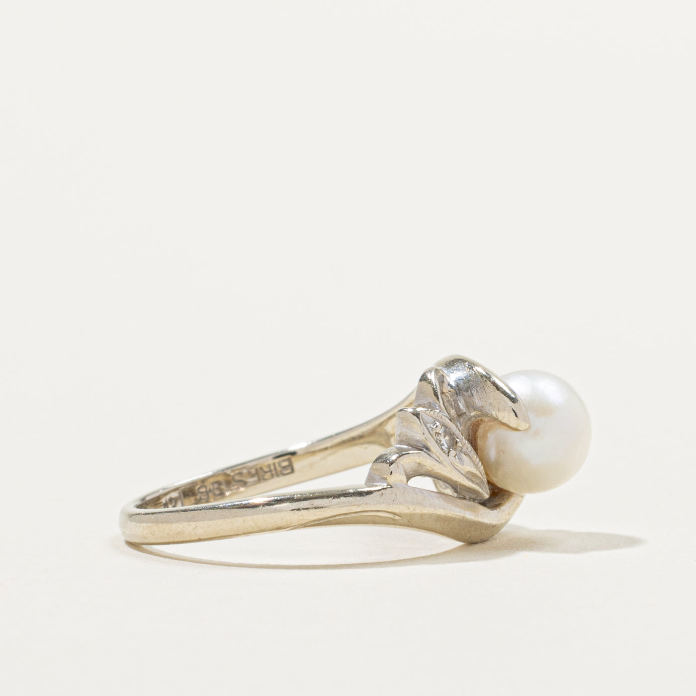 'Birks' Diamond & Pearl Grooved Bypass Ring | 0.02ctw | SZ 5.25