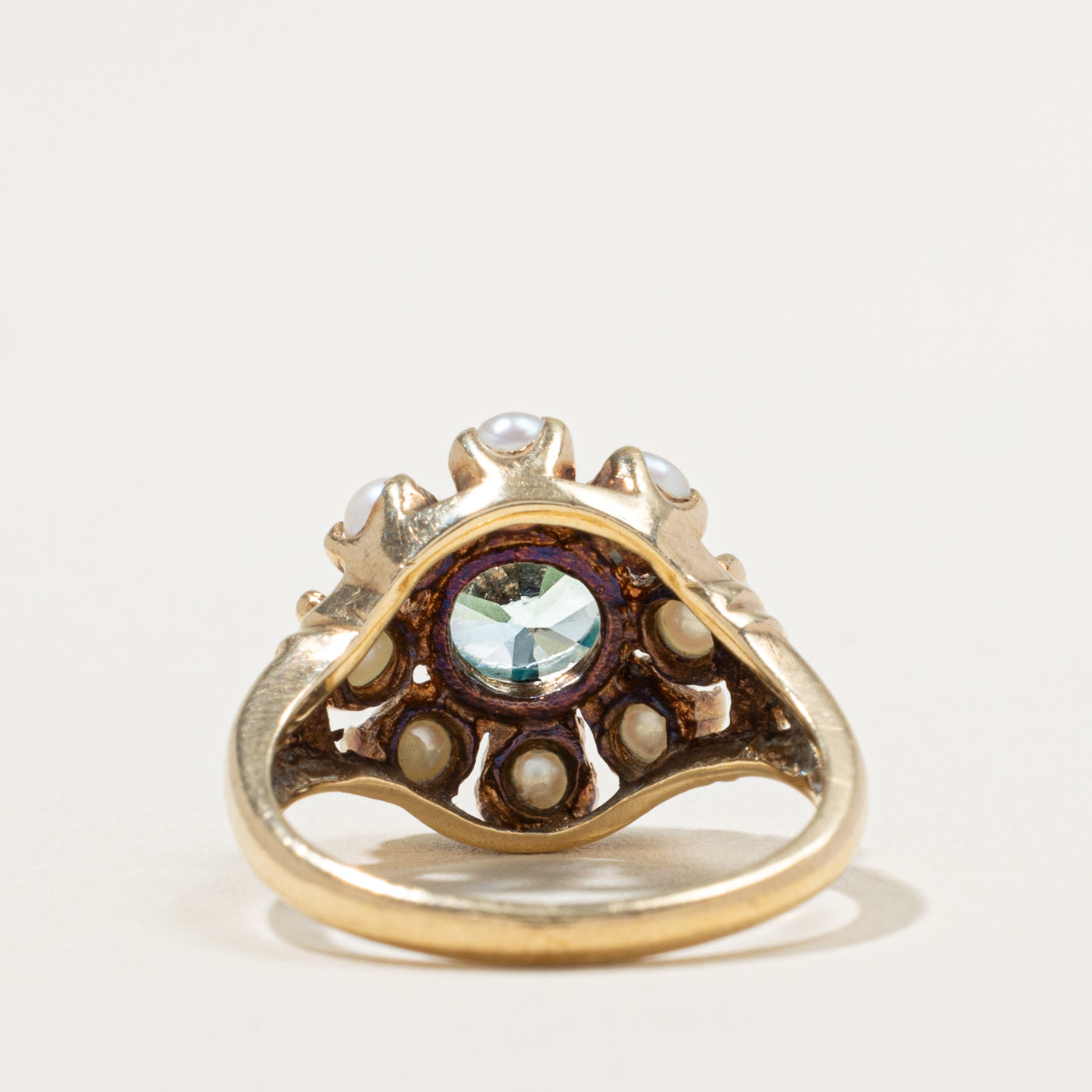 10k Blue Zircon & Seed Pearl Openwork Halo Ring | 1.50ct | SZ 6