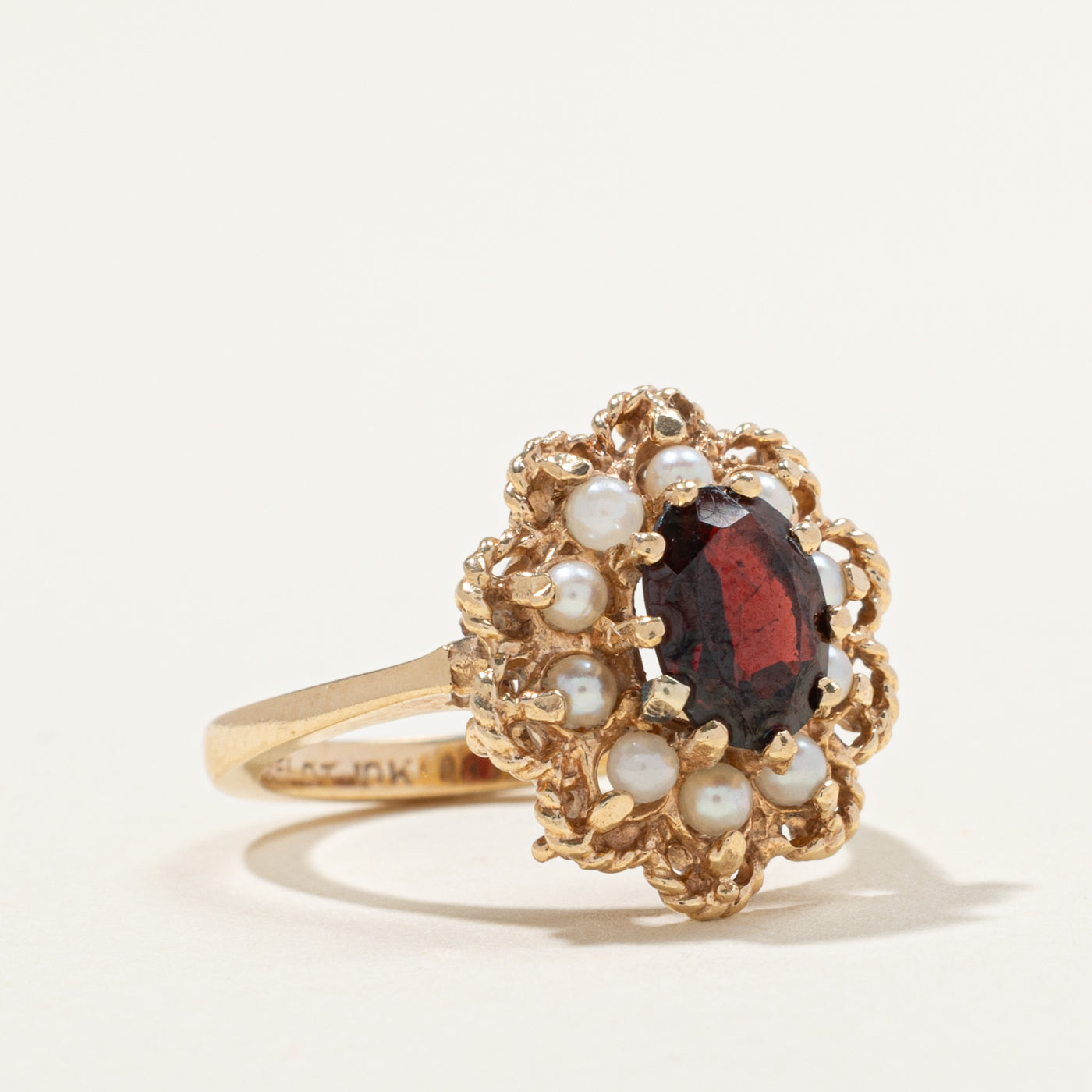 10k Garnet & Seed Pearl Halo Floral Ring | 1.25ct | SZ 5.75