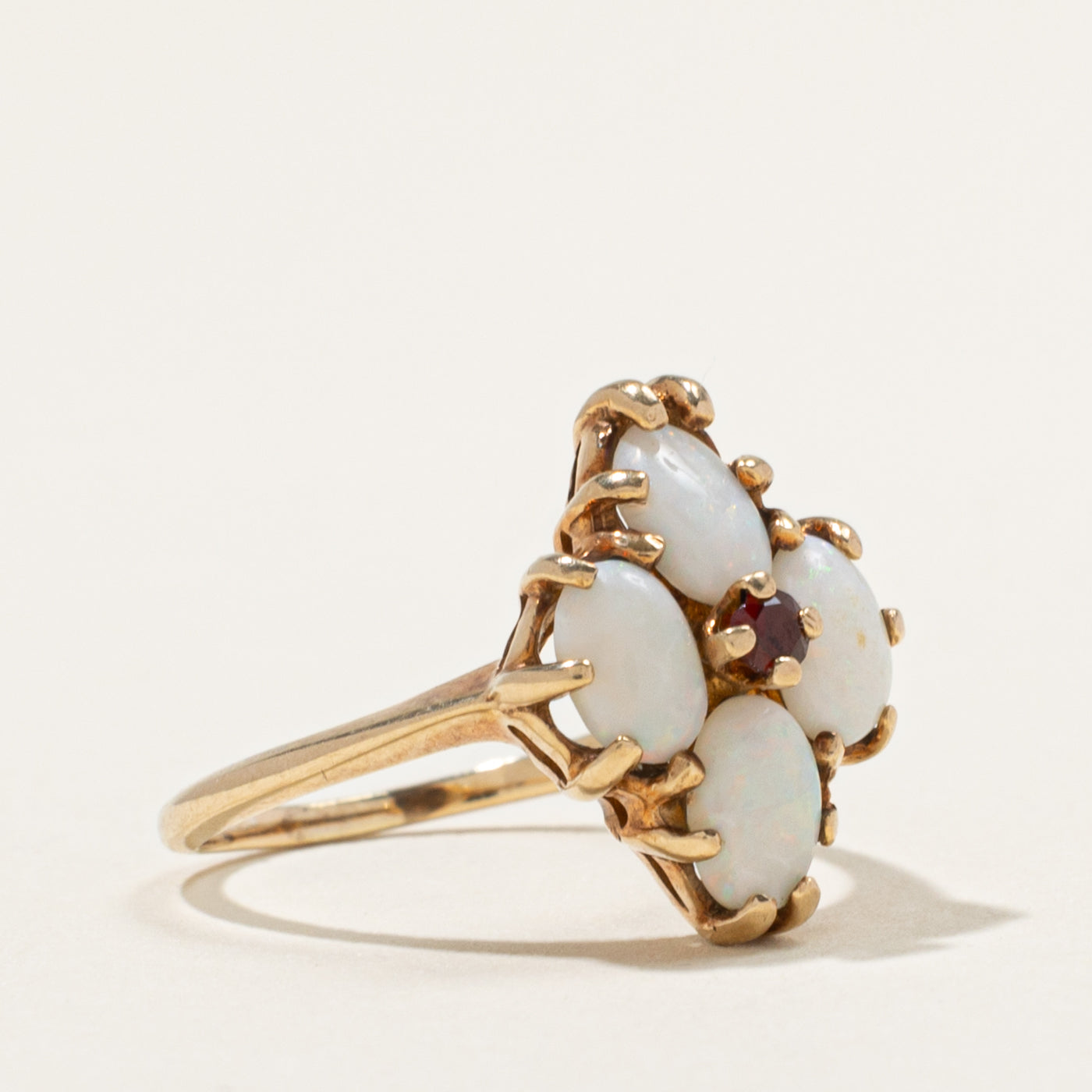 10k Oval Cut Opal & Garnet Accented Cluster Ring | 1.26ctw | SZ 5.75