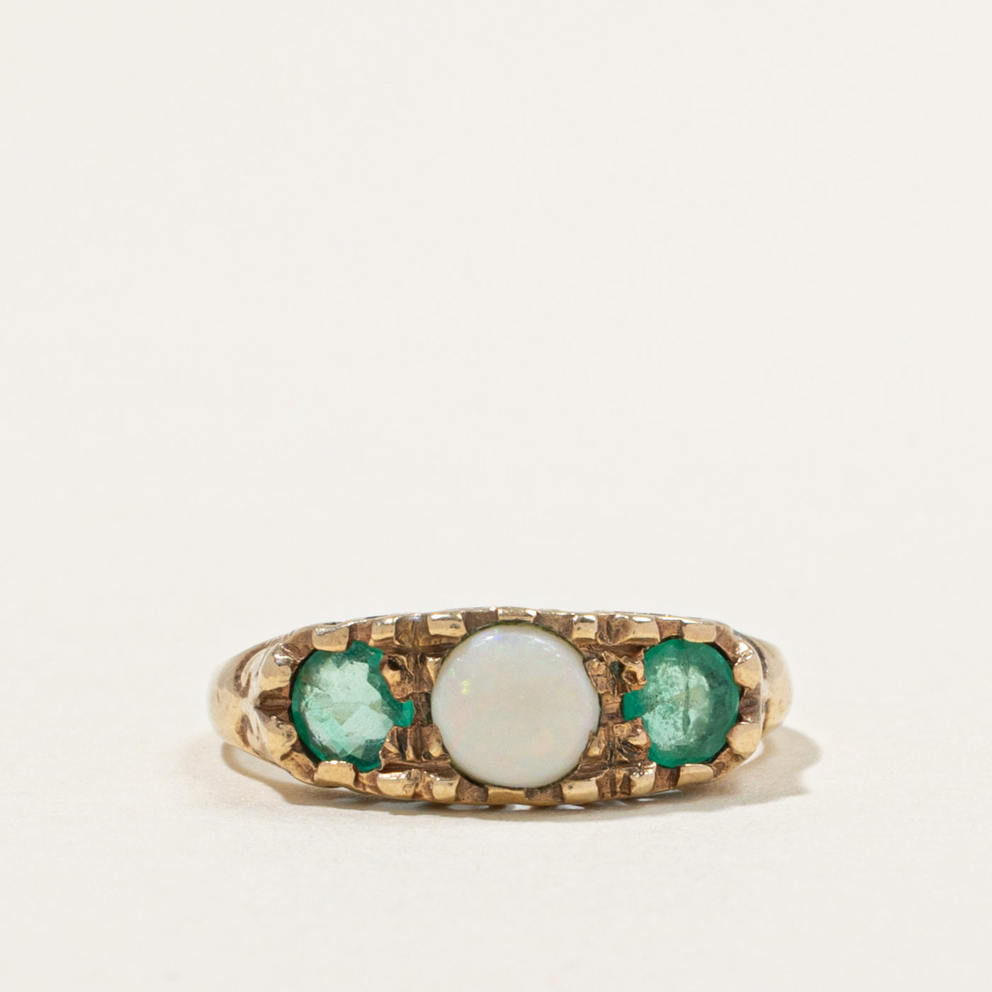 9k Three Stone Opal & Emerald Three Stone Ring | 0.75ctw | SZ 4.75