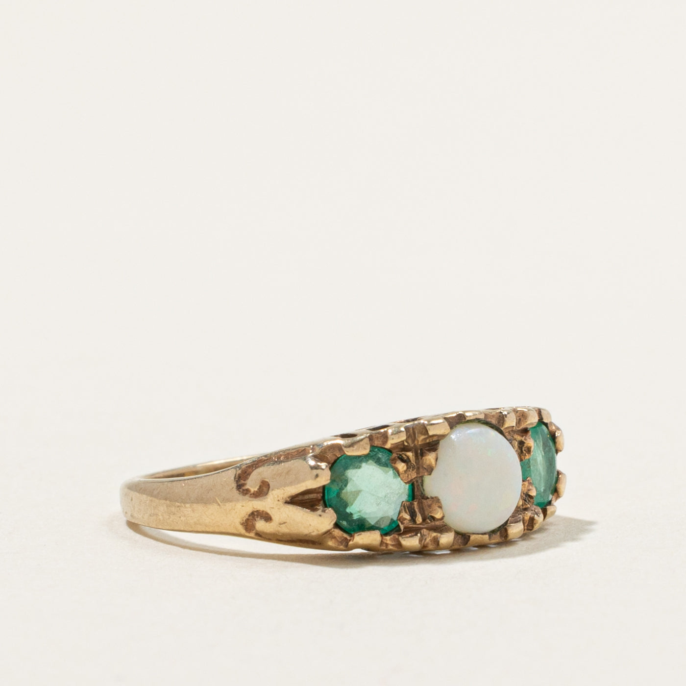9k Three Stone Opal & Emerald Three Stone Ring | 0.75ctw | SZ 4.75