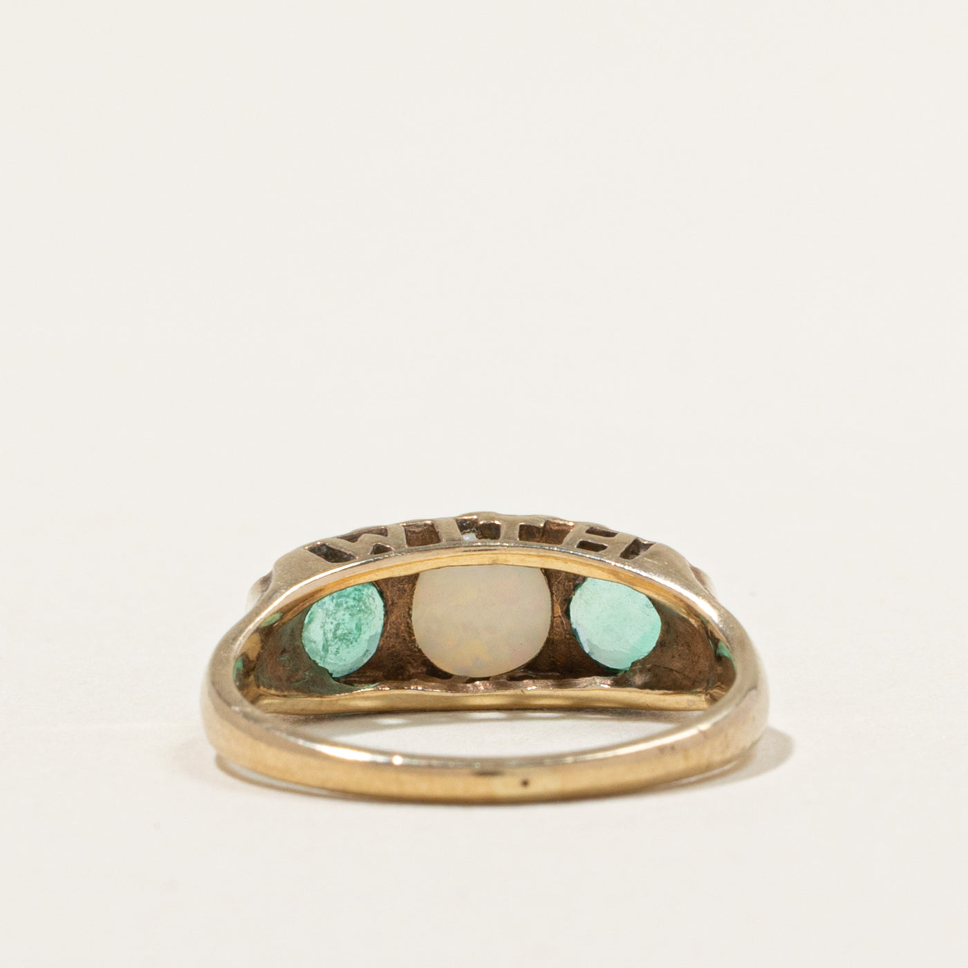 9k Three Stone Opal & Emerald Three Stone Ring | 0.75ctw | SZ 4.75