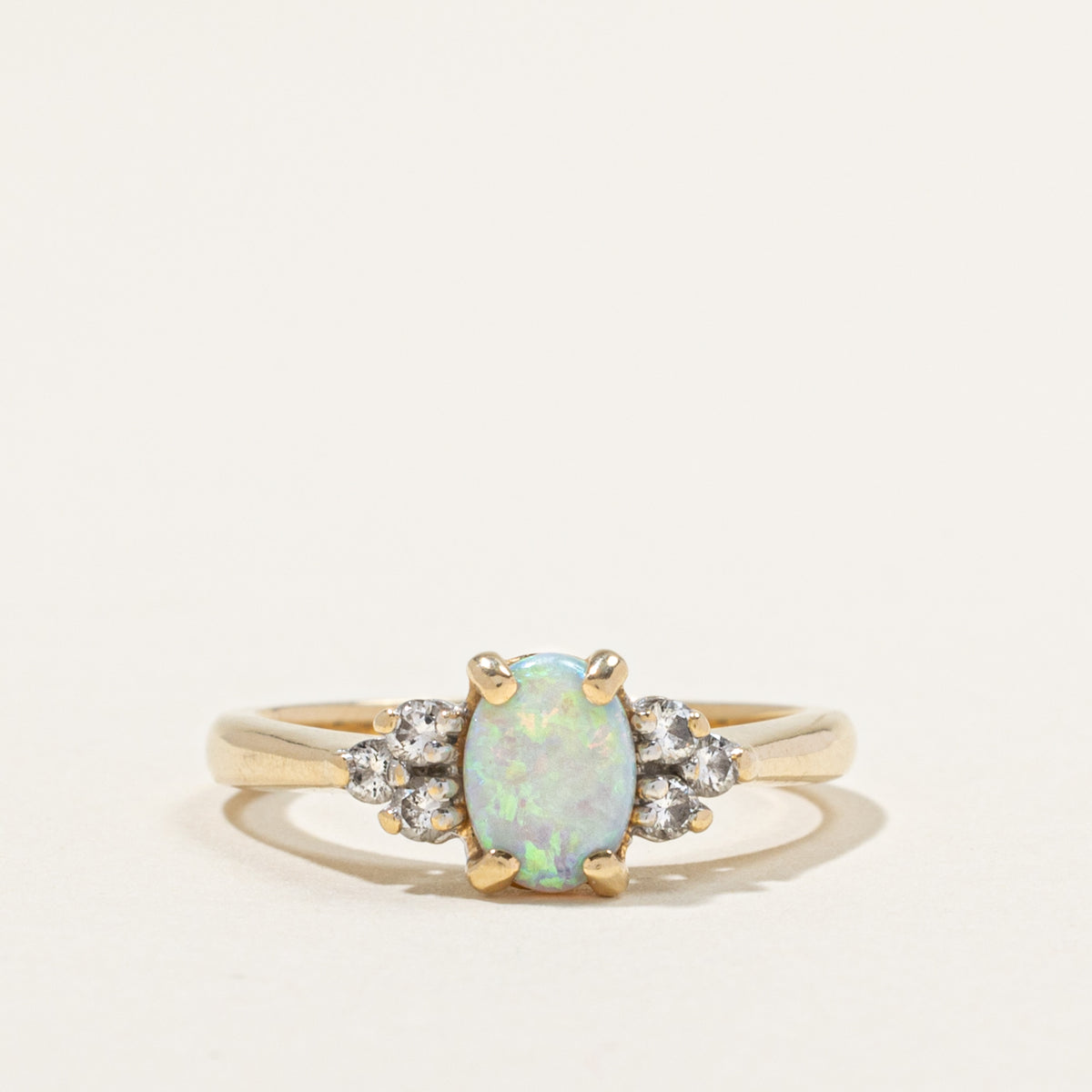 14k Oval Cabochon Opal & Diamond Accented Ring | 0.50ct, 0.18ctw | SZ 7