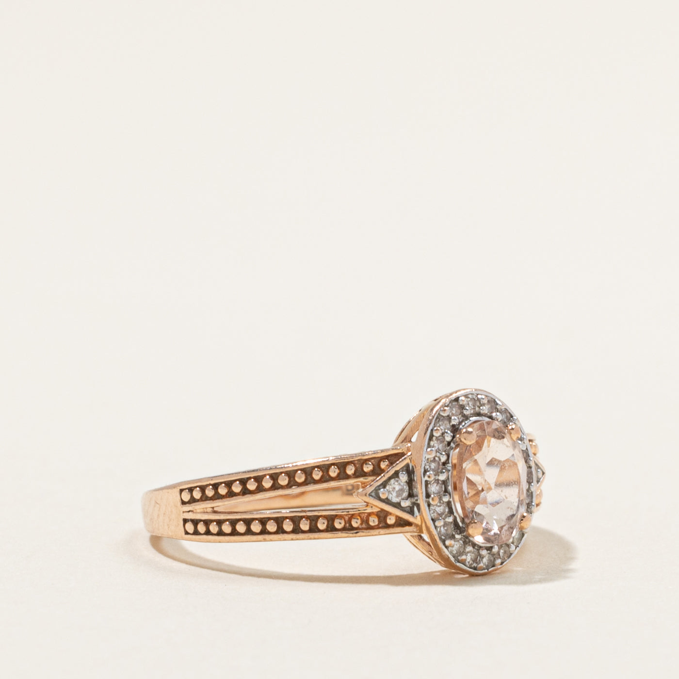 10k Morganite & Diamond Halo Textured Ring | 0.45ct, 0.12ctw | SZ 6.75