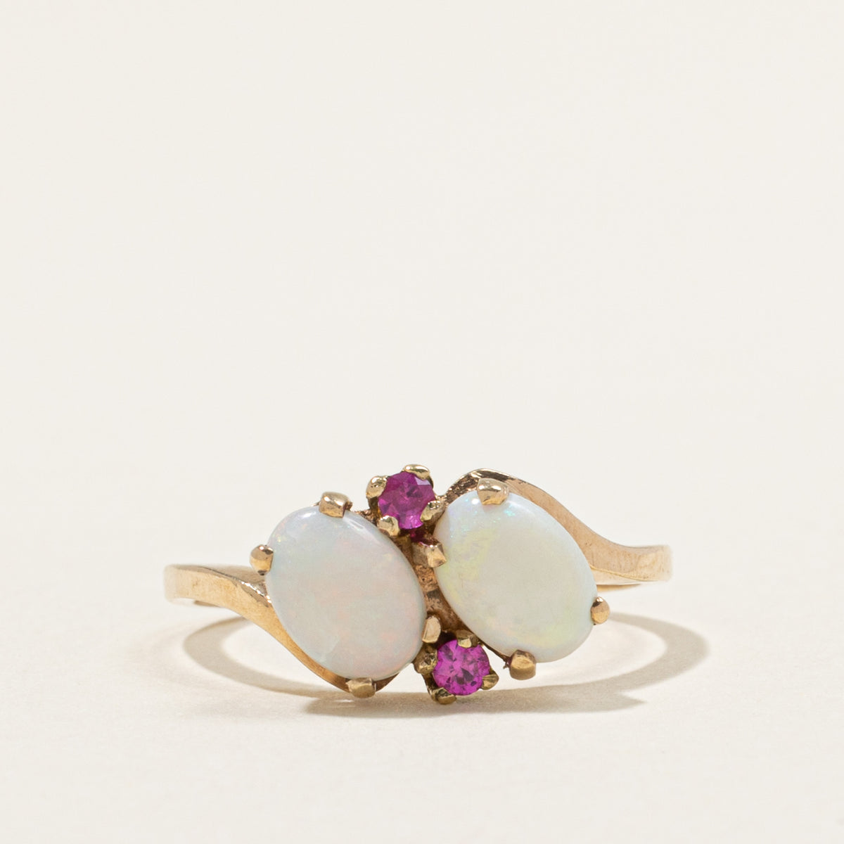 10k Toi et Moi Opal & Synthetic Ruby Accented Bypass Ring | 1.10ctw | SZ 6.75