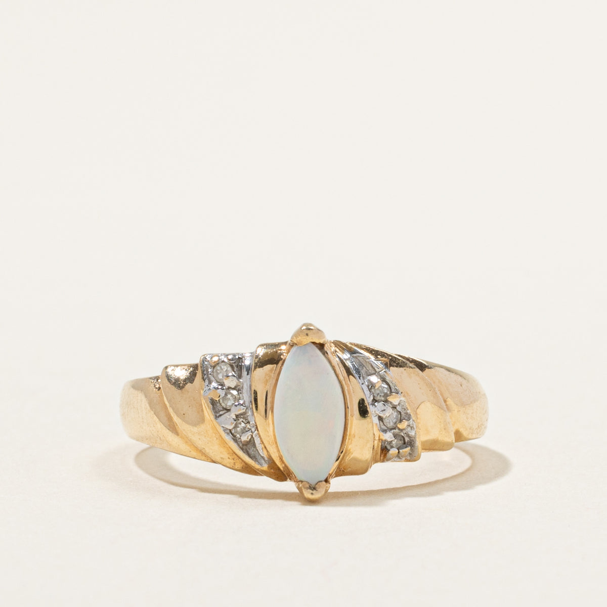 10k Marquise Cabochon Opal & Diamond Grooved Ring | 0.25ct, 0.03ctw | SZ 6.75