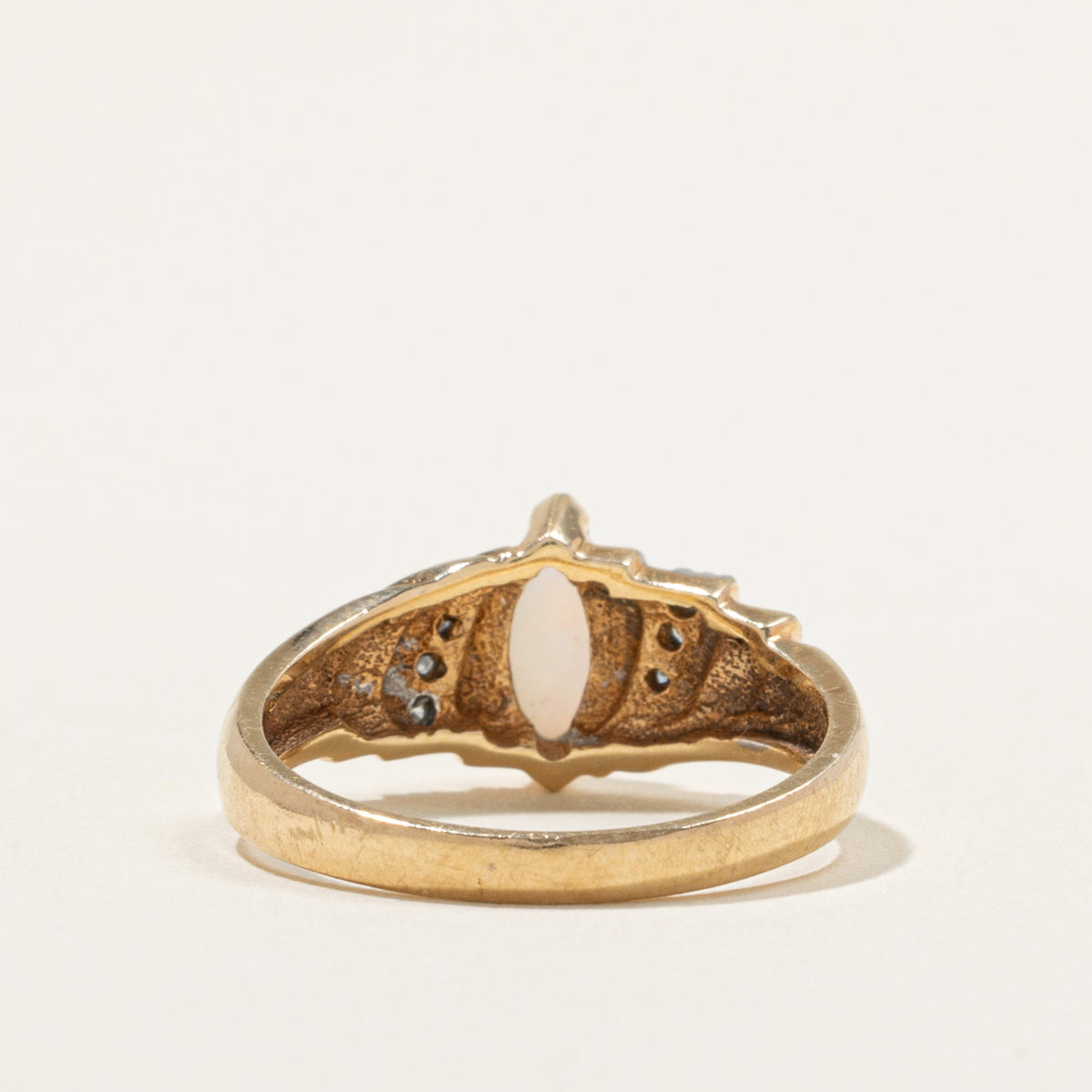10k Marquise Cabochon Opal & Diamond Grooved Ring | 0.25ct, 0.03ctw | SZ 6.75