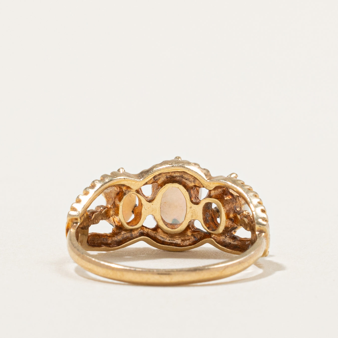 10k Three Stone Opal Openwork & Textured Ring | 0.50ctw | SZ 3.75
