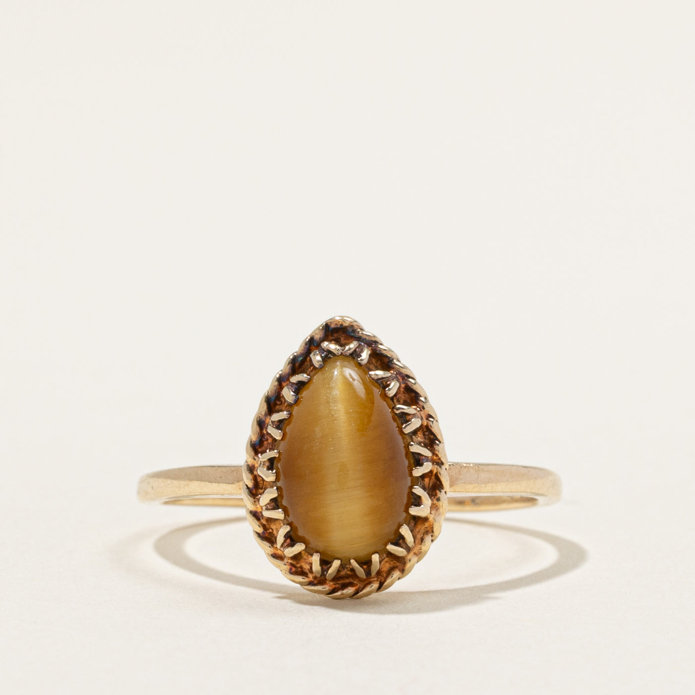 10k Solitaire Tiger's Eye Textured Pear Shaped Ring | 2.00ct | SZ 8.5