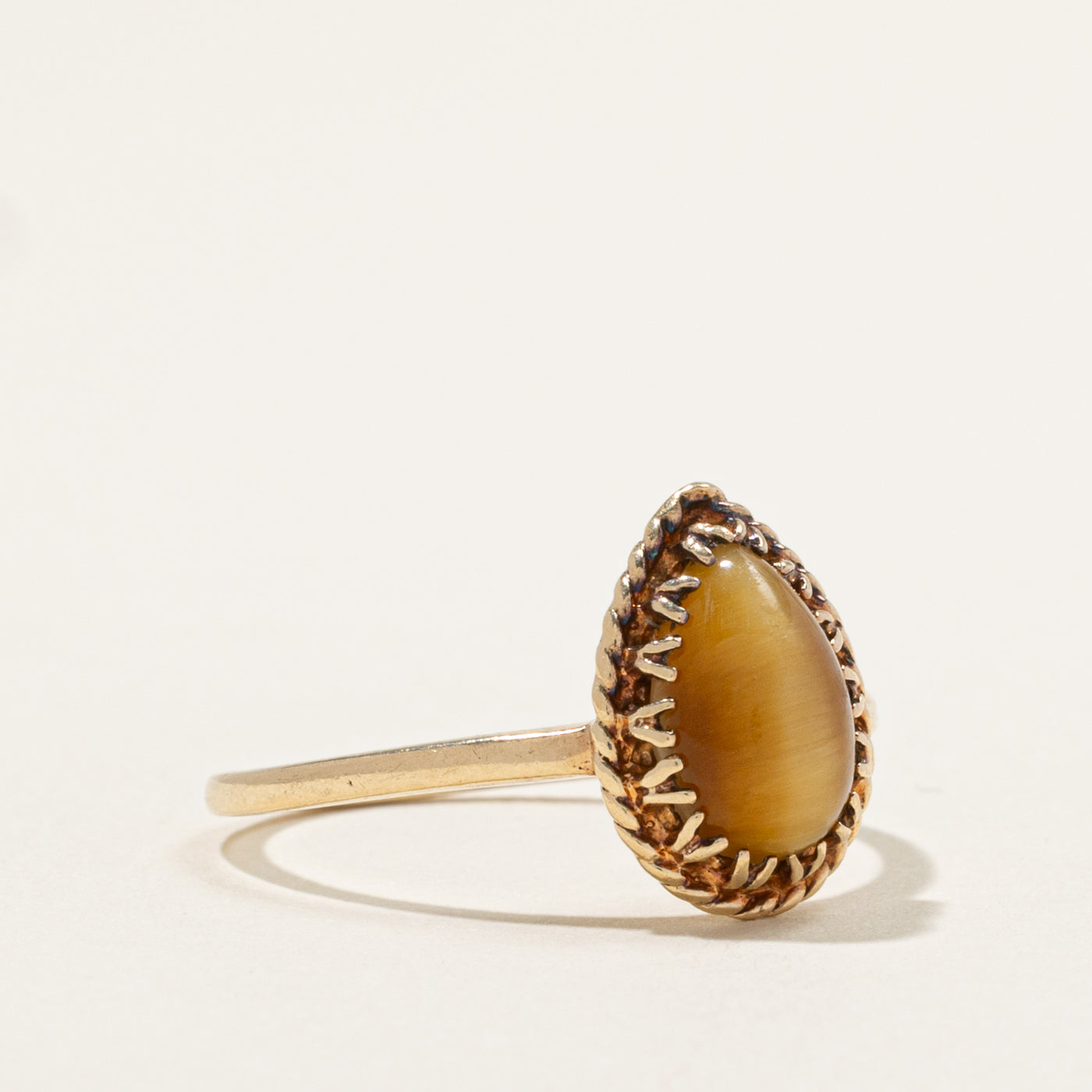 10k Solitaire Tiger's Eye Textured Pear Shaped Ring | 2.00ct | SZ 8.5