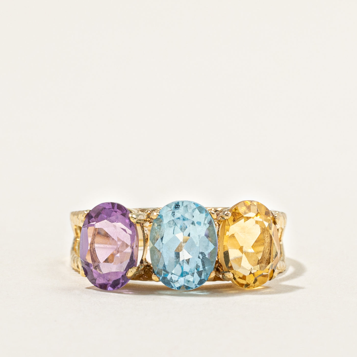 10k Three Stone Blue Topaz, Amethyst, Citrine Ring | 4.80ctw | SZ 9
