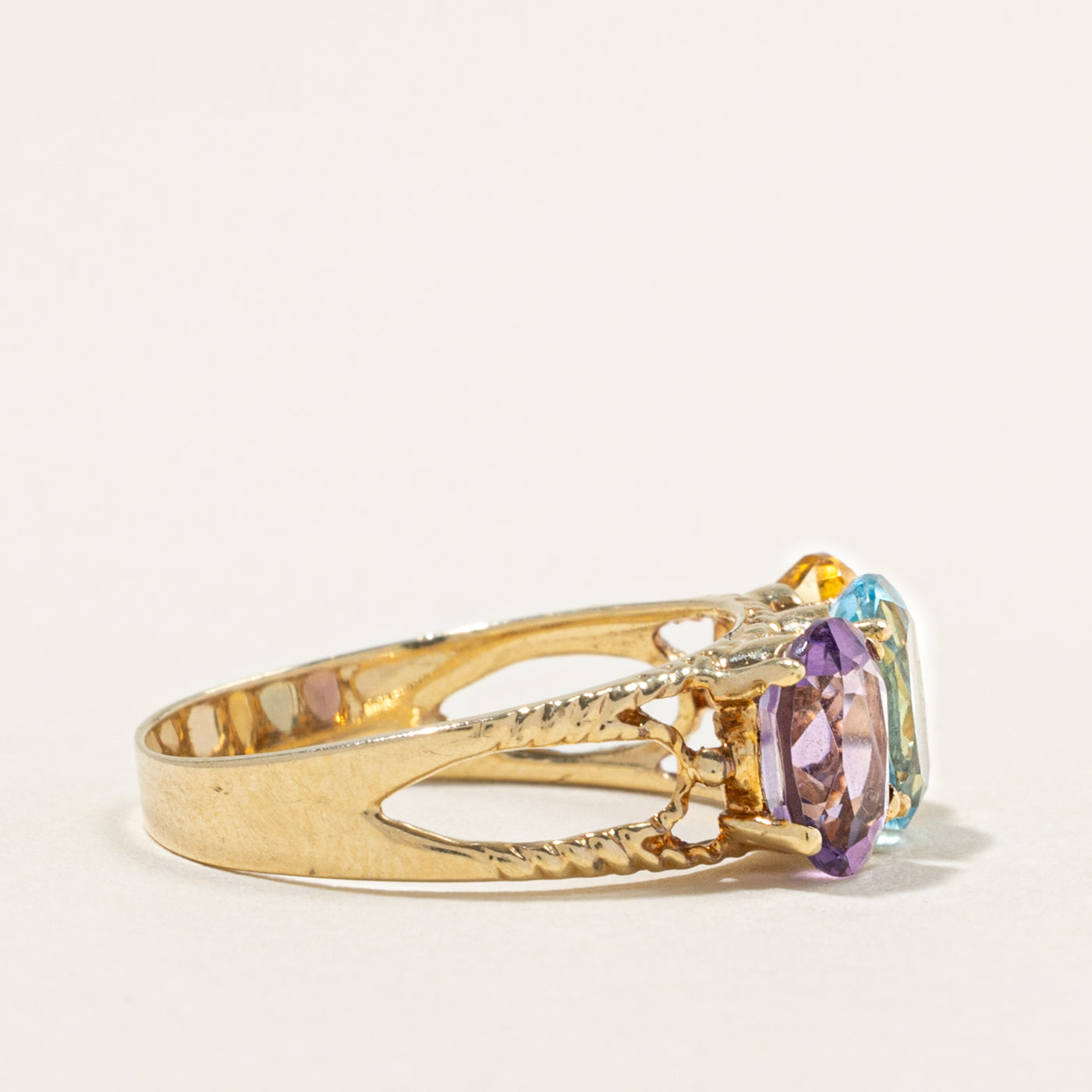 10k Three Stone Blue Topaz, Amethyst, Citrine Ring | 4.80ctw | SZ 9