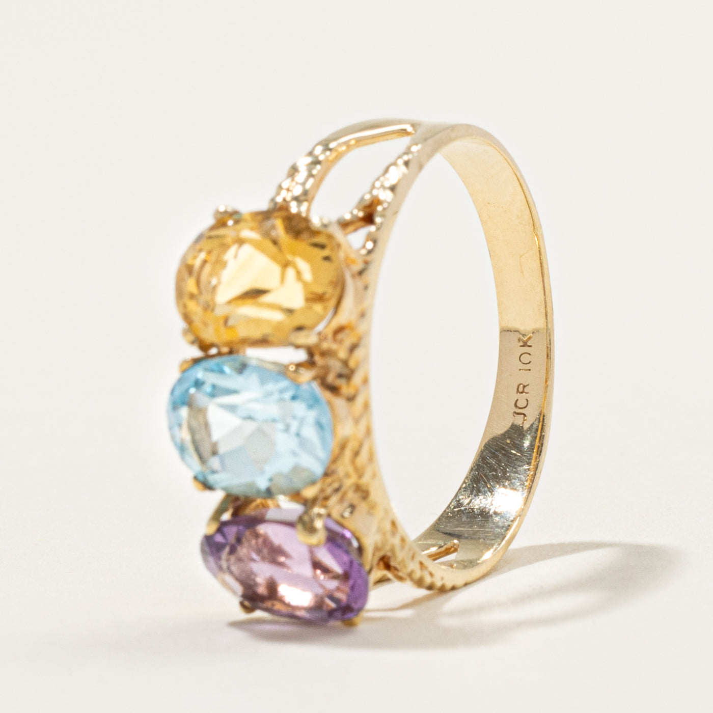 10k Three Stone Blue Topaz, Amethyst, Citrine Ring | 4.80ctw | SZ 9