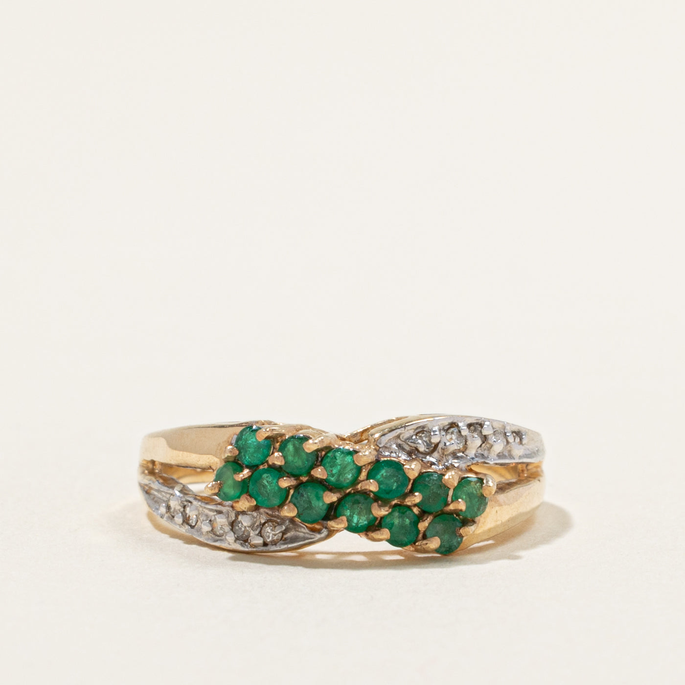 10k Multi Row Emerald & Diamond Crossover Ring | 0.36ct, 0.05ctw | SZ 6.75