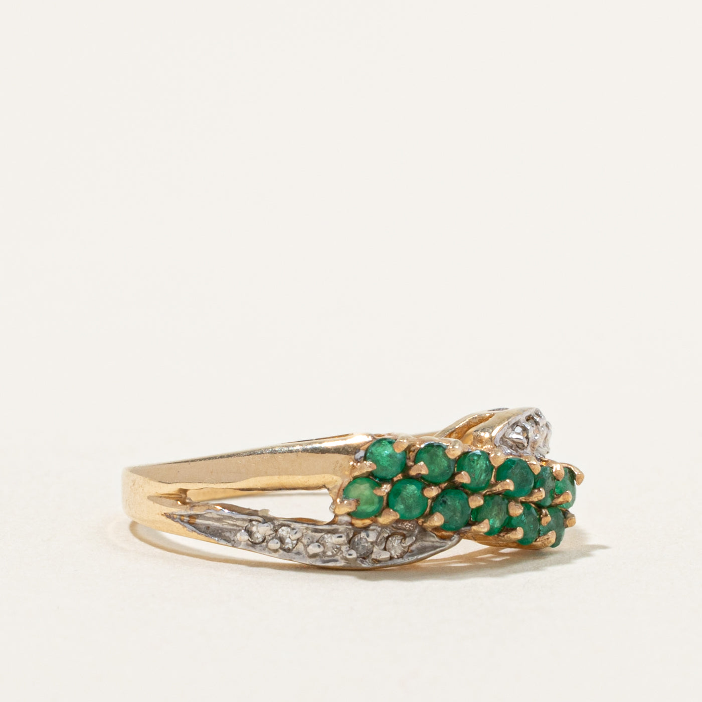 10k Multi Row Emerald & Diamond Crossover Ring | 0.36ct, 0.05ctw | SZ 6.75