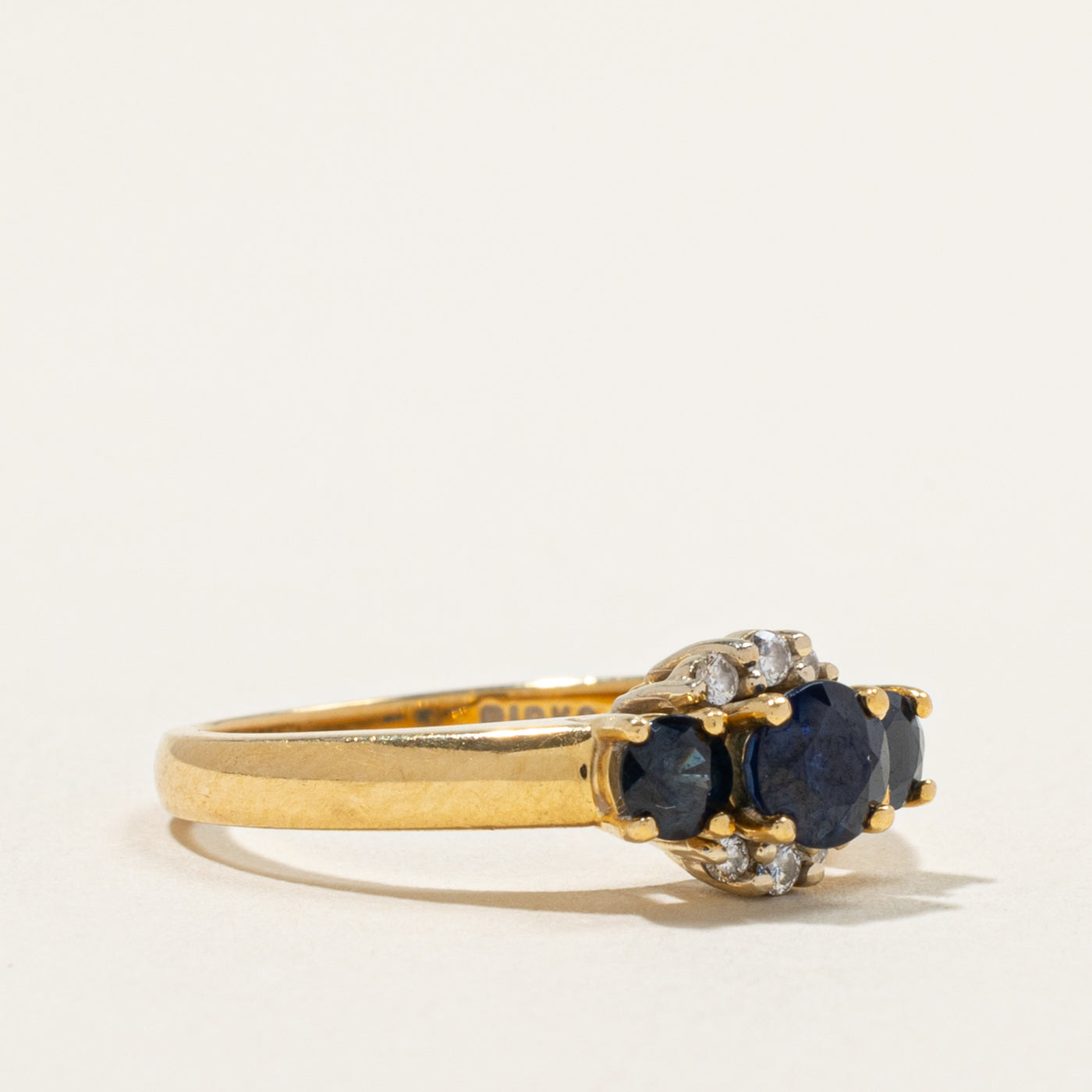 'Birks' Three Stone Sapphire & Diamond Accented Ring | 1.00ctw, 0.08ctw | SZ 6.25