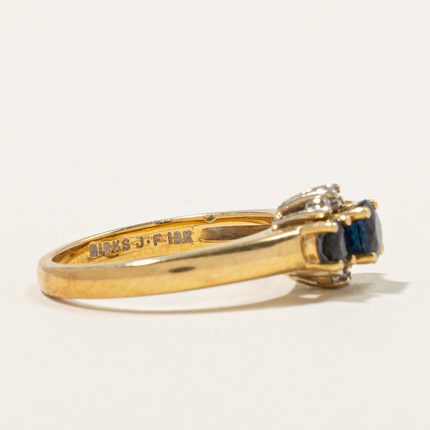 'Birks' Three Stone Sapphire & Diamond Accented Ring | 1.00ctw, 0.08ctw | SZ 6.25