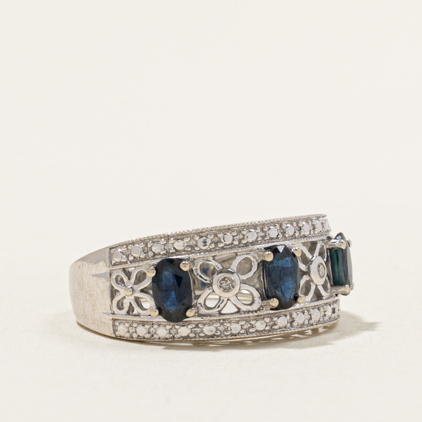 14k Three Stone Sapphire & Diamond Openwork Floral Band | 0.75ctw, 0.02ctw | 3.05mm | SZ 7