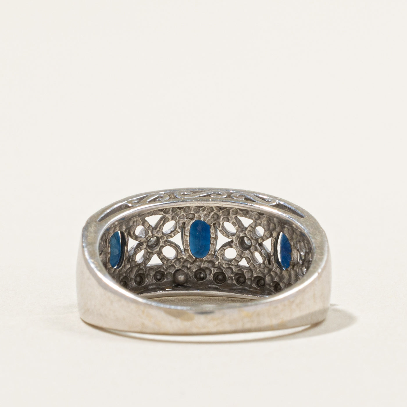 14k Three Stone Sapphire & Diamond Openwork Floral Band | 0.75ctw, 0.02ctw | 3.05mm | SZ 7
