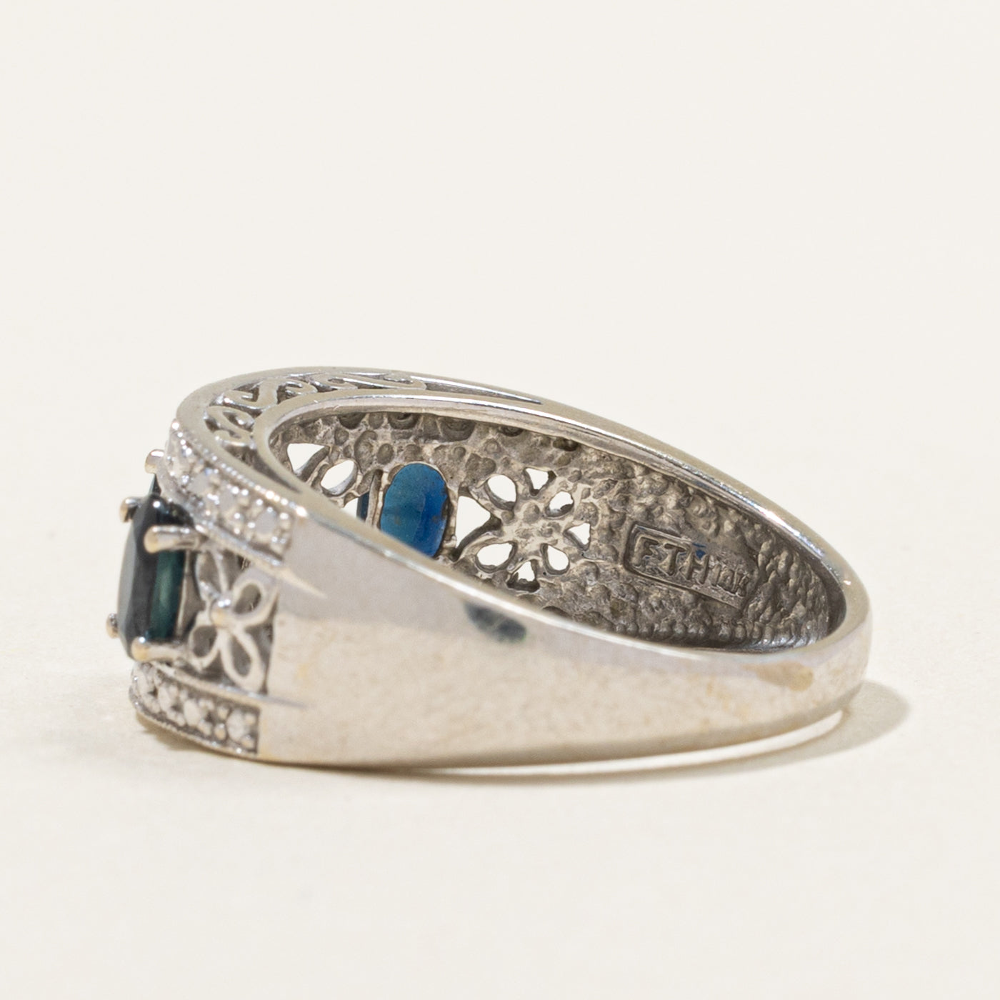 14k Three Stone Sapphire & Diamond Openwork Floral Band | 0.75ctw, 0.02ctw | 3.05mm | SZ 7