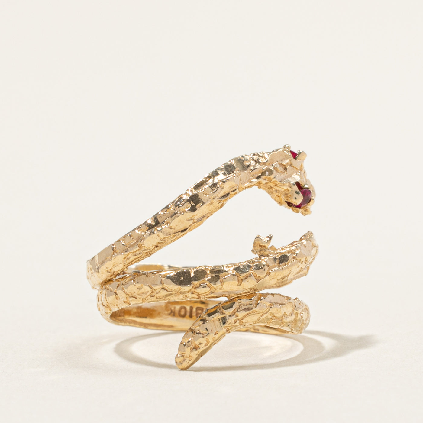 10k Synthetic Ruby Accented Textured Snake Ring | 0.06ctw | SZ 5