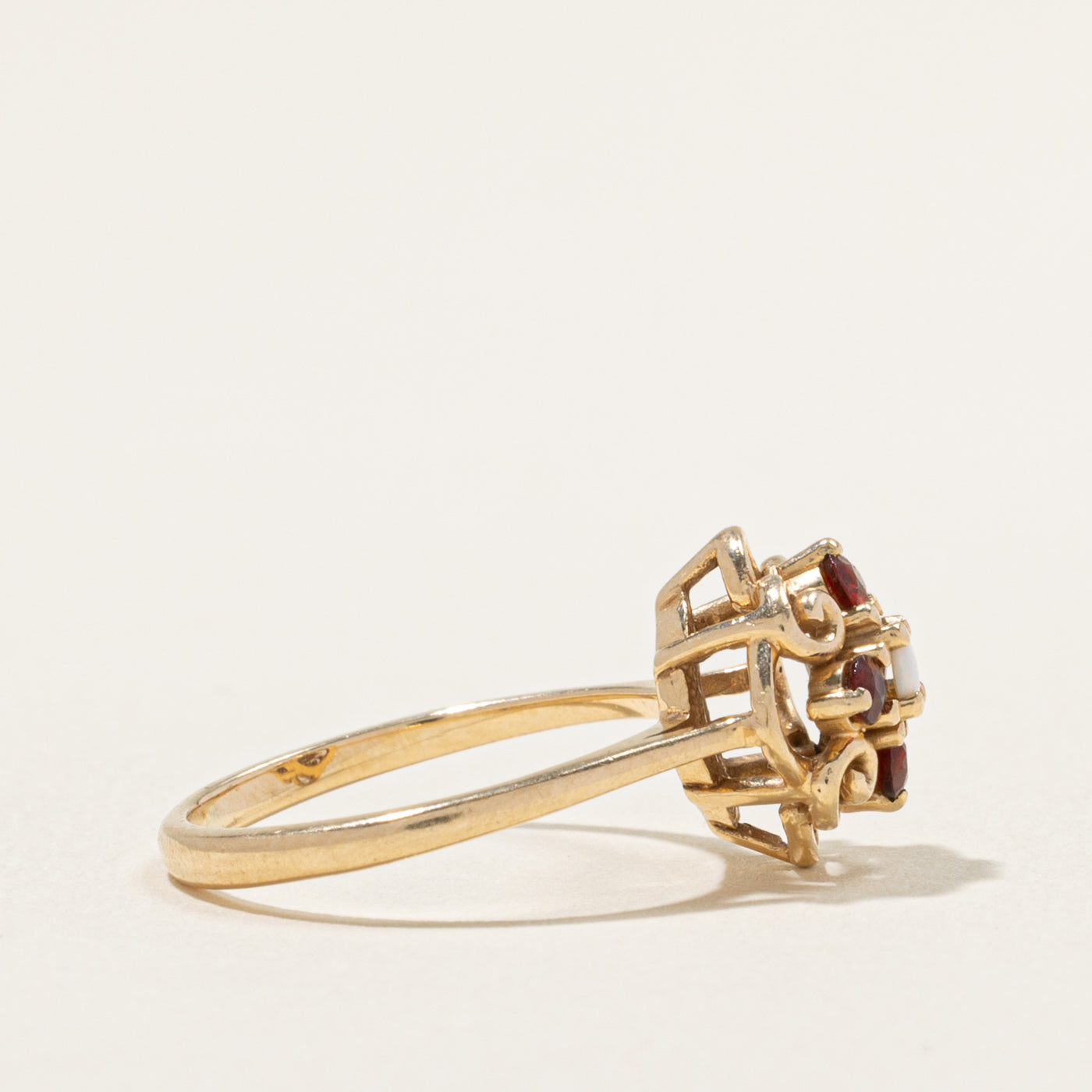 10k Opal & Garnet Cluster Scrollwork Ring | 0.25ctw | SZ 5.25
