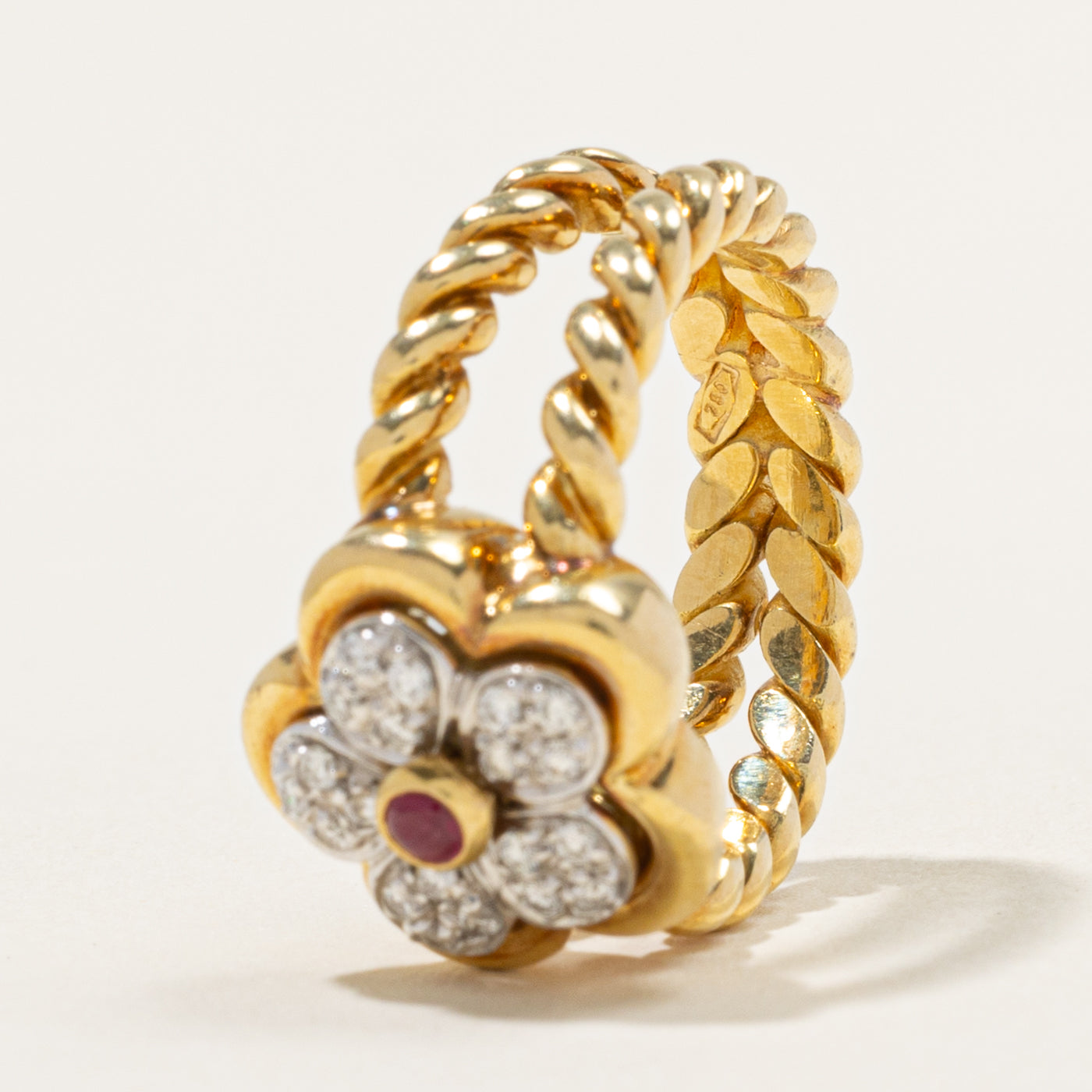 18k Ruby & Diamond Cluster Rope Flower Ring | 0.10ct, 0.20ctw | SZ 6.75