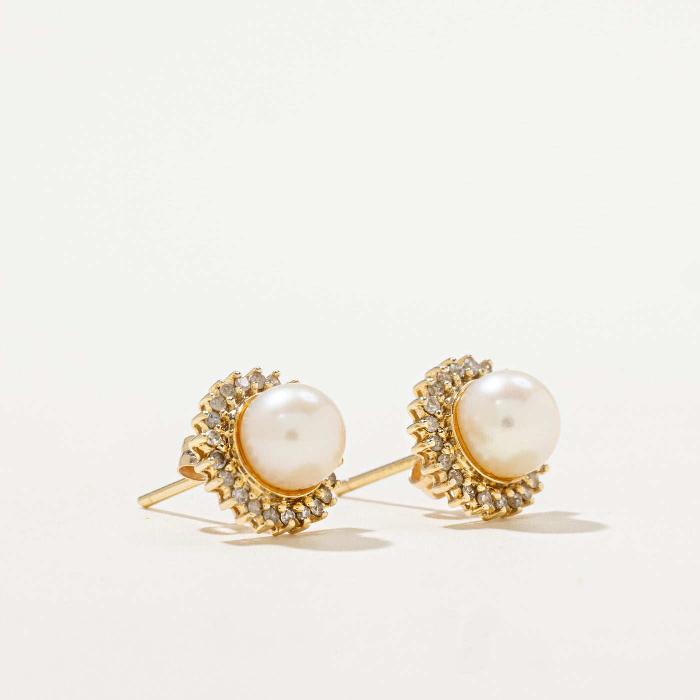 14k Pearl & Diamond Halo Earrings | 0.10ctw