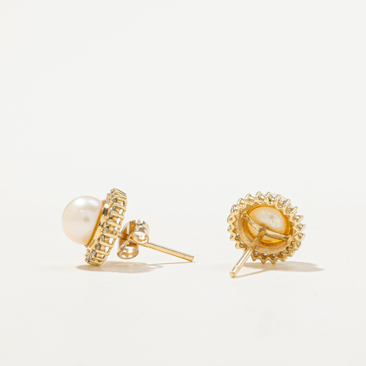 14k Pearl & Diamond Halo Earrings | 0.10ctw