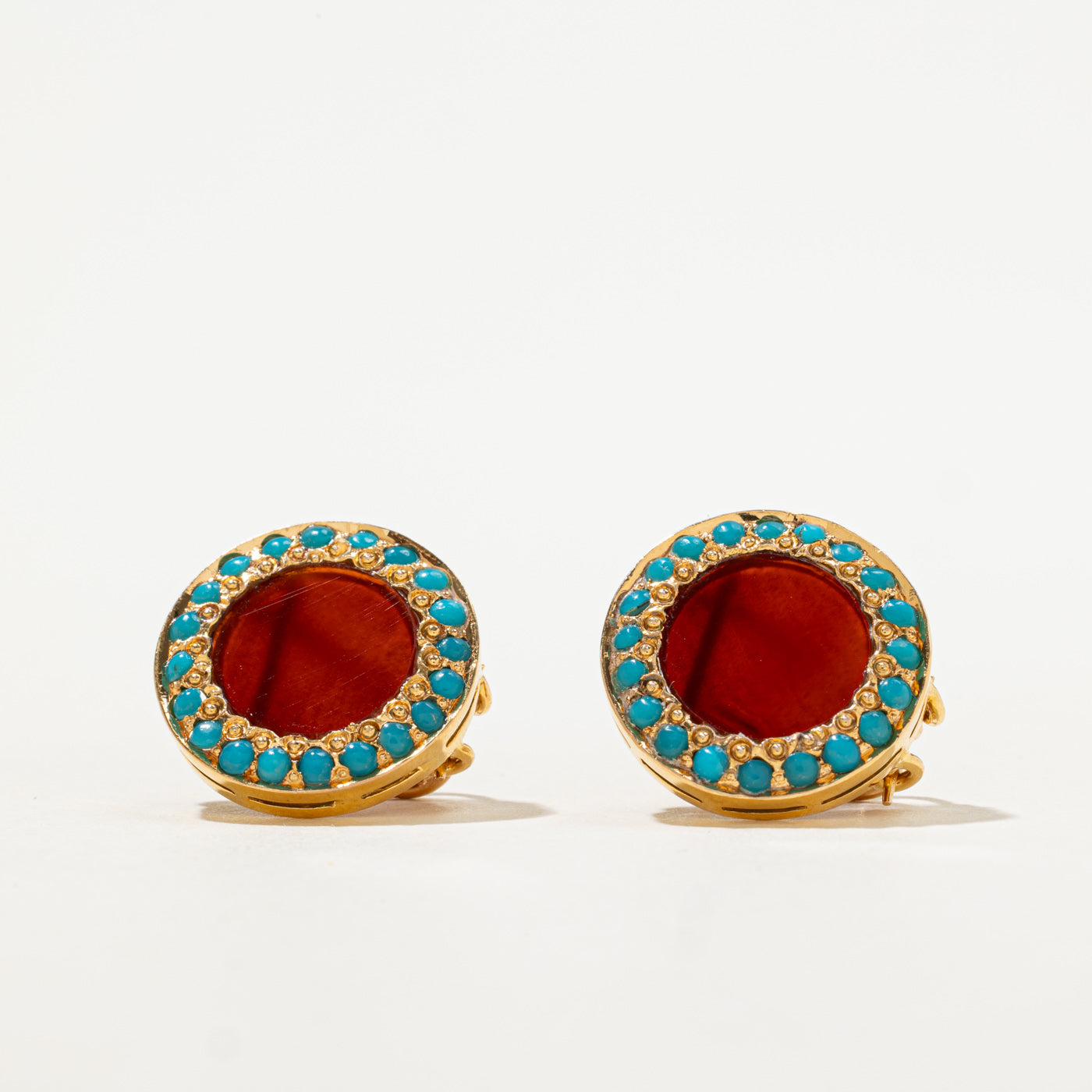 20k Carnelian & Turquoise Halo Latchback Earrings | 2.80ctw, 1.00ctw