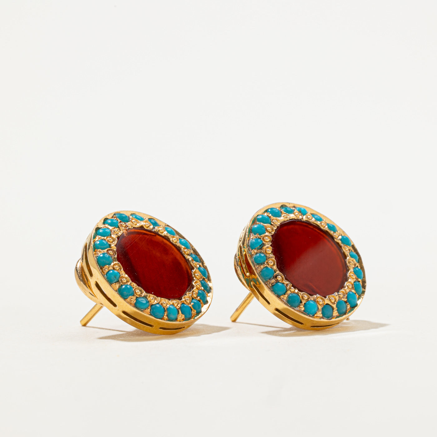 20k Carnelian & Turquoise Halo Latchback Earrings | 2.80ctw, 1.00ctw