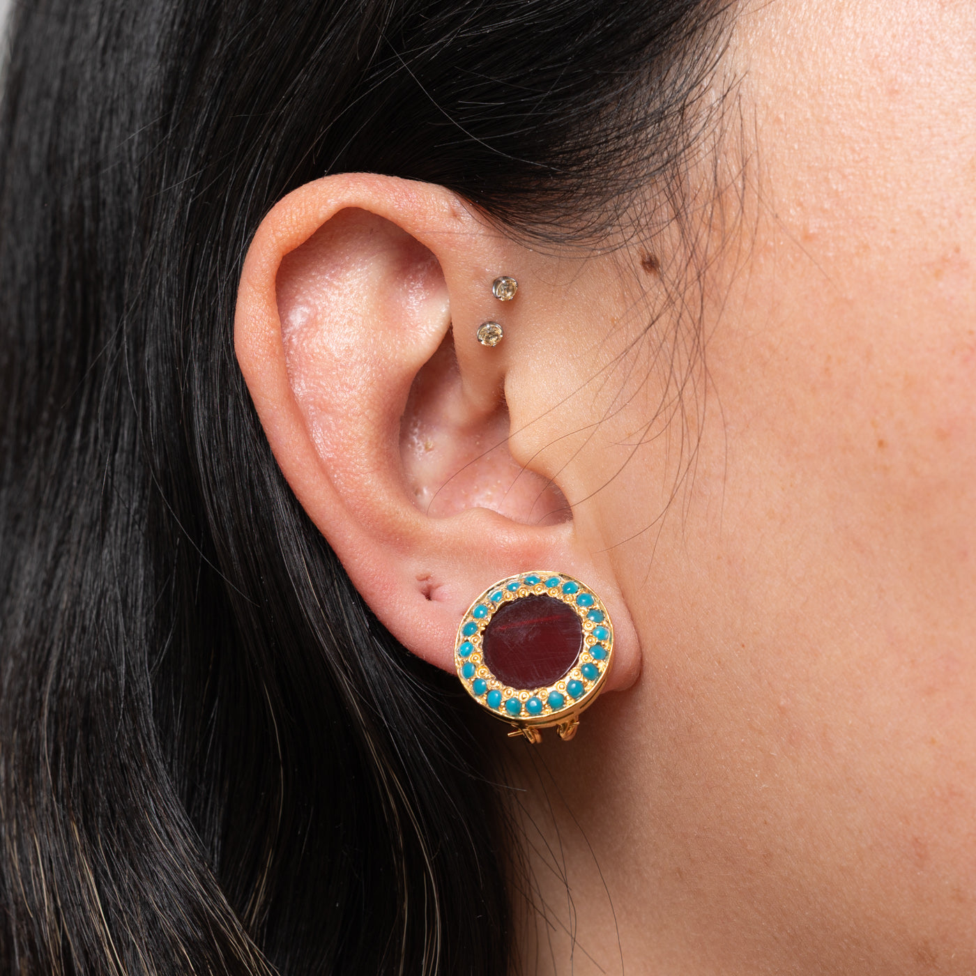 20k Carnelian & Turquoise Halo Latchback Earrings | 2.80ctw, 1.00ctw