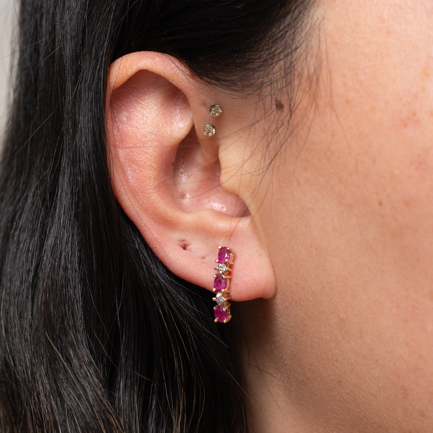 10k Ruby & Diamond Huggie Earrings | 0.90ctw, 0.01ctw