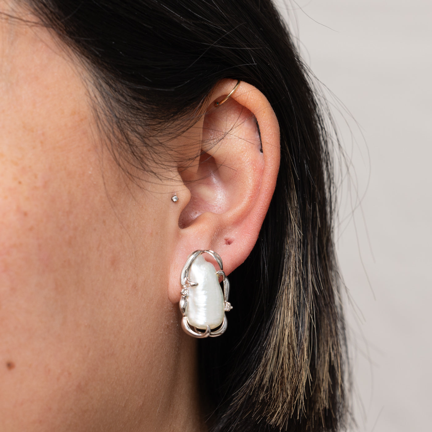 14k Baroque Pearl & Diamond Abstract Earrings | 0.05ctw