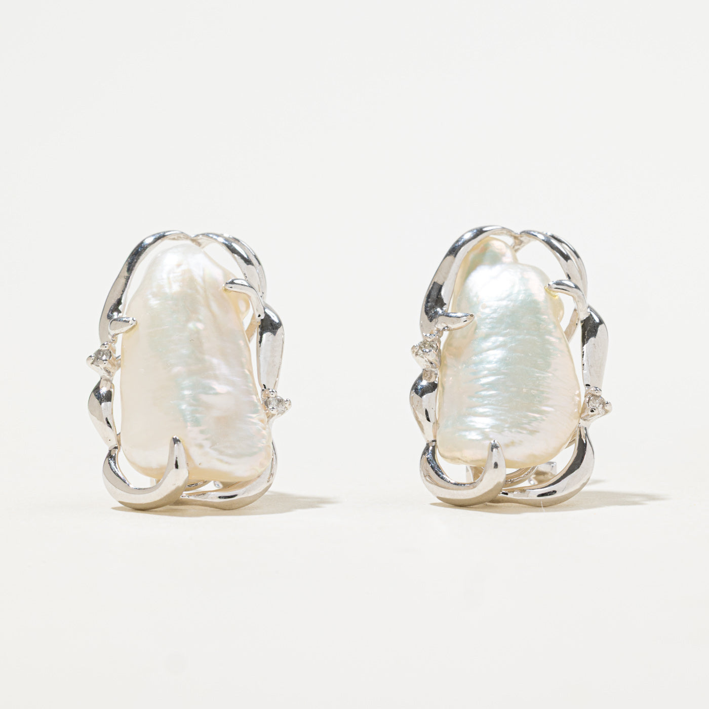 14k Baroque Pearl & Diamond Abstract Earrings | 0.05ctw
