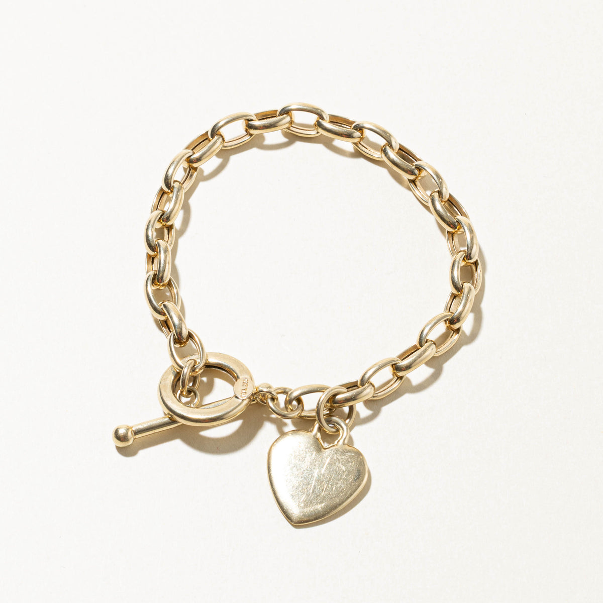 10k Yellow Gold Toggle Clasp Heart Charm Bracelet | 7.5"