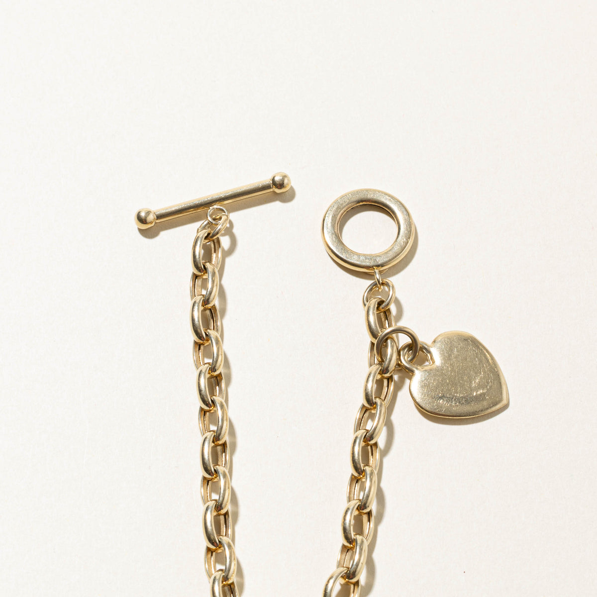 10k Yellow Gold Toggle Clasp Heart Charm Bracelet | 7.5"