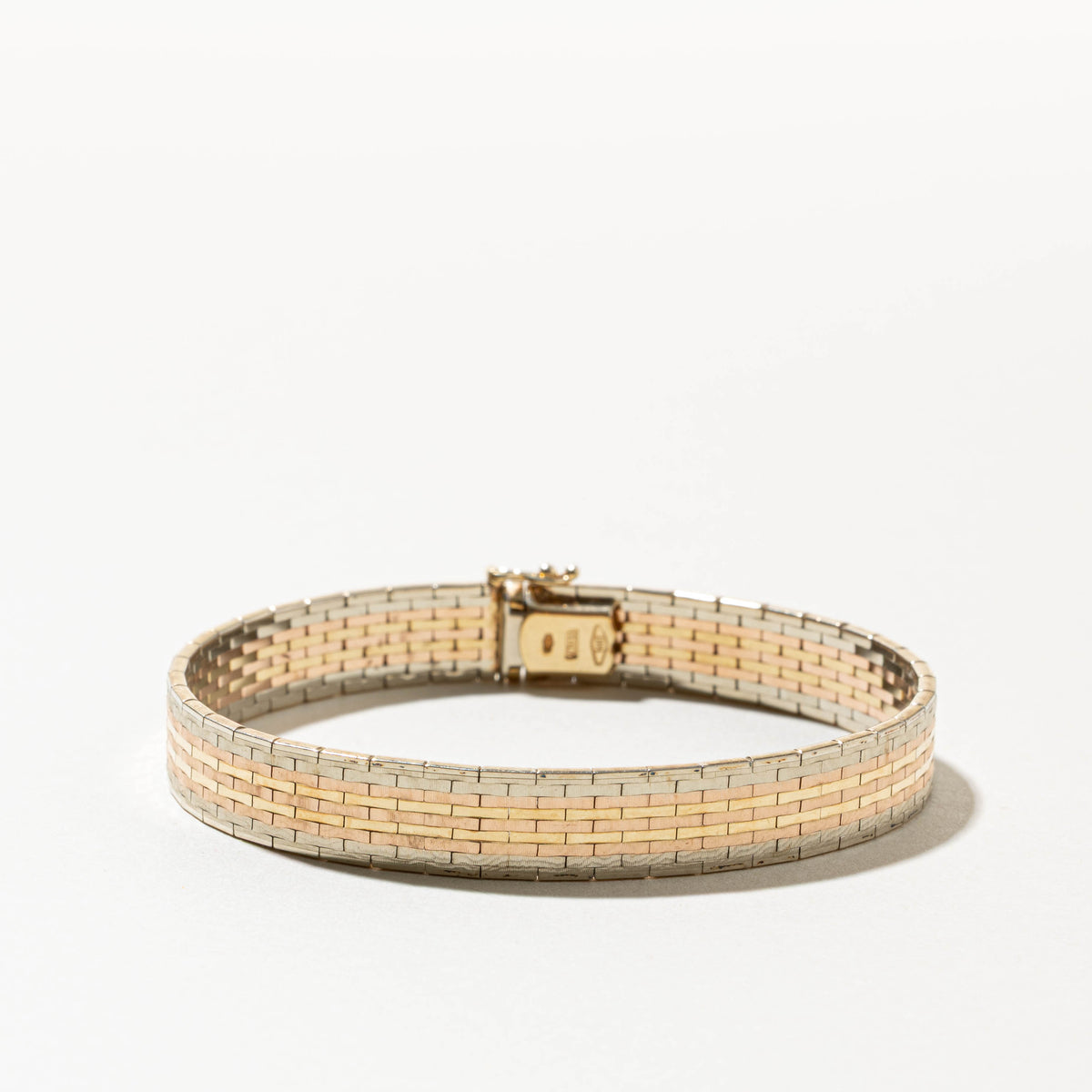 14k Tri Tone Gold Watch Style Flat Link Chain Bracelet | 8.50mm | 7"