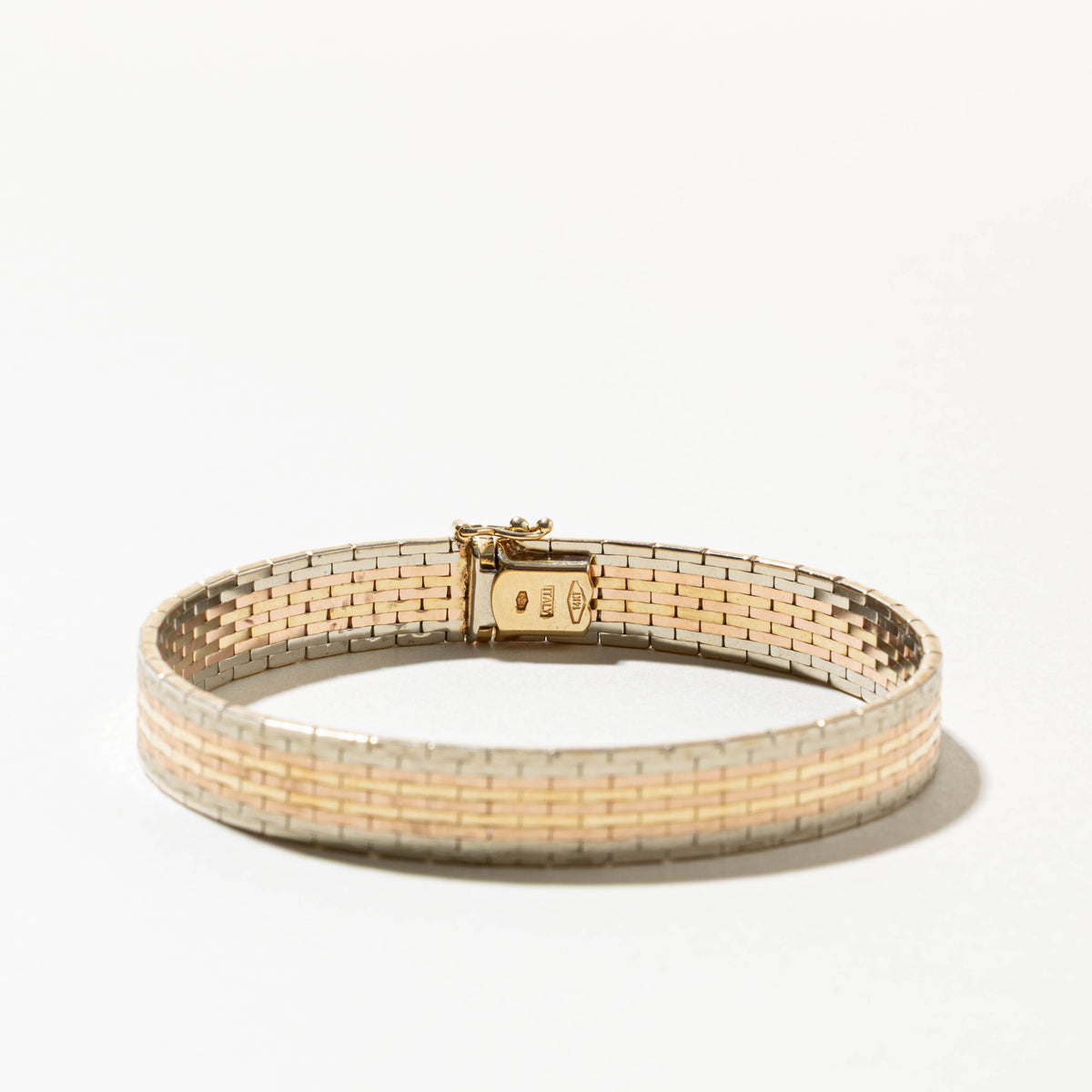 14k Tri Tone Gold Watch Style Flat Link Chain Bracelet | 8.50mm | 7"