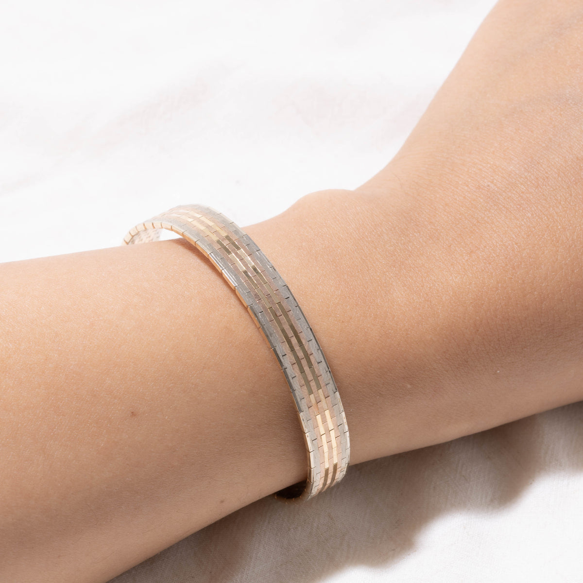 14k Tri Tone Gold Watch Style Flat Link Chain Bracelet | 8.50mm | 7"