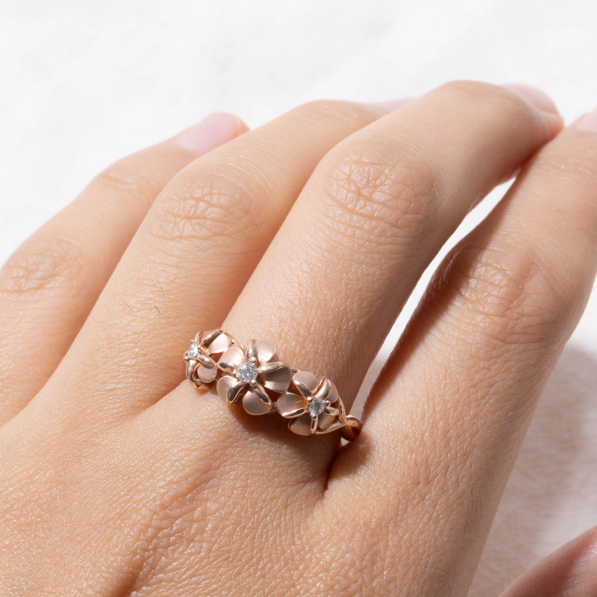 14k Diamond Matte Three Flower Ring | 0.10ctw | 8.58mm | SZ 8.75